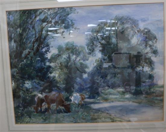 David J Robertson (1834-1925), watercolour, Wooded landscape with cattle on a river bank, signed, 42 x 55cm